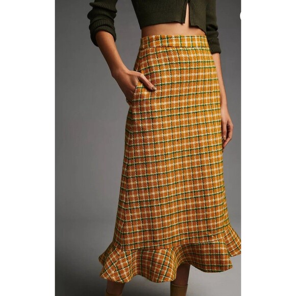 Anthropologie English Factory Midi Skirt Yellow Green Plaid Preppy Small New - Picture 5 of 15